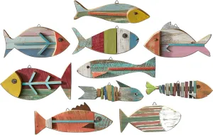 10 Pcs Wooden Fish Wall Decor Wood School of Fish Coastal Wall Decor Beach Wall Art for Home Nautical Theme Bathroom Hanging Decorations Gifts, Flat Printing Not 3D Pattern