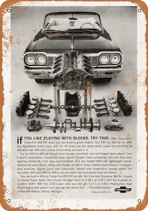 10 x 14 METAL SIGN - 1964 Chevy Turbo-Fire 409 V8 - Vintage Rusty Look
