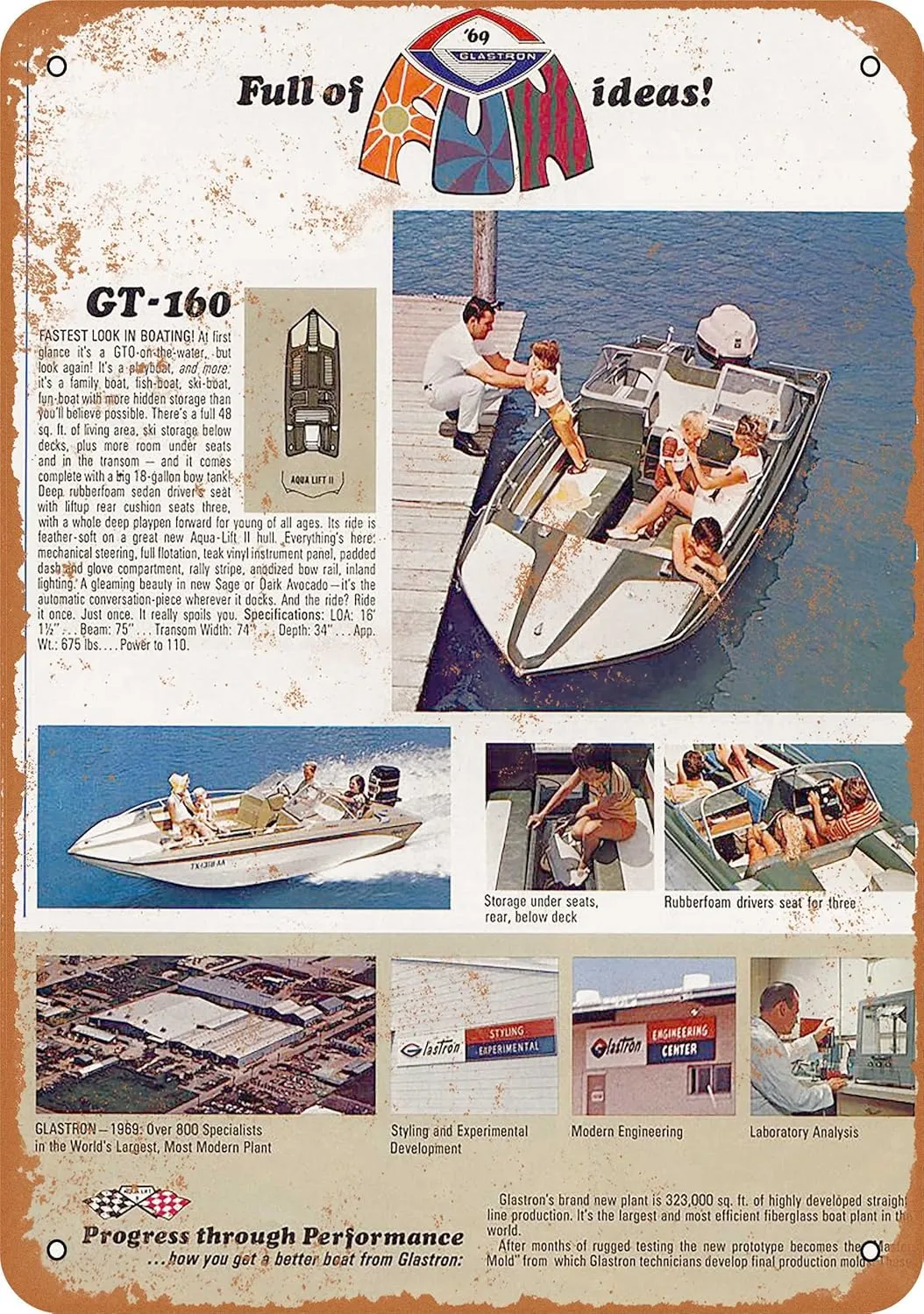 10 x 14 METAL SIGN - 1969 Glastron GT-160 Boat - Vintage Rusty Look