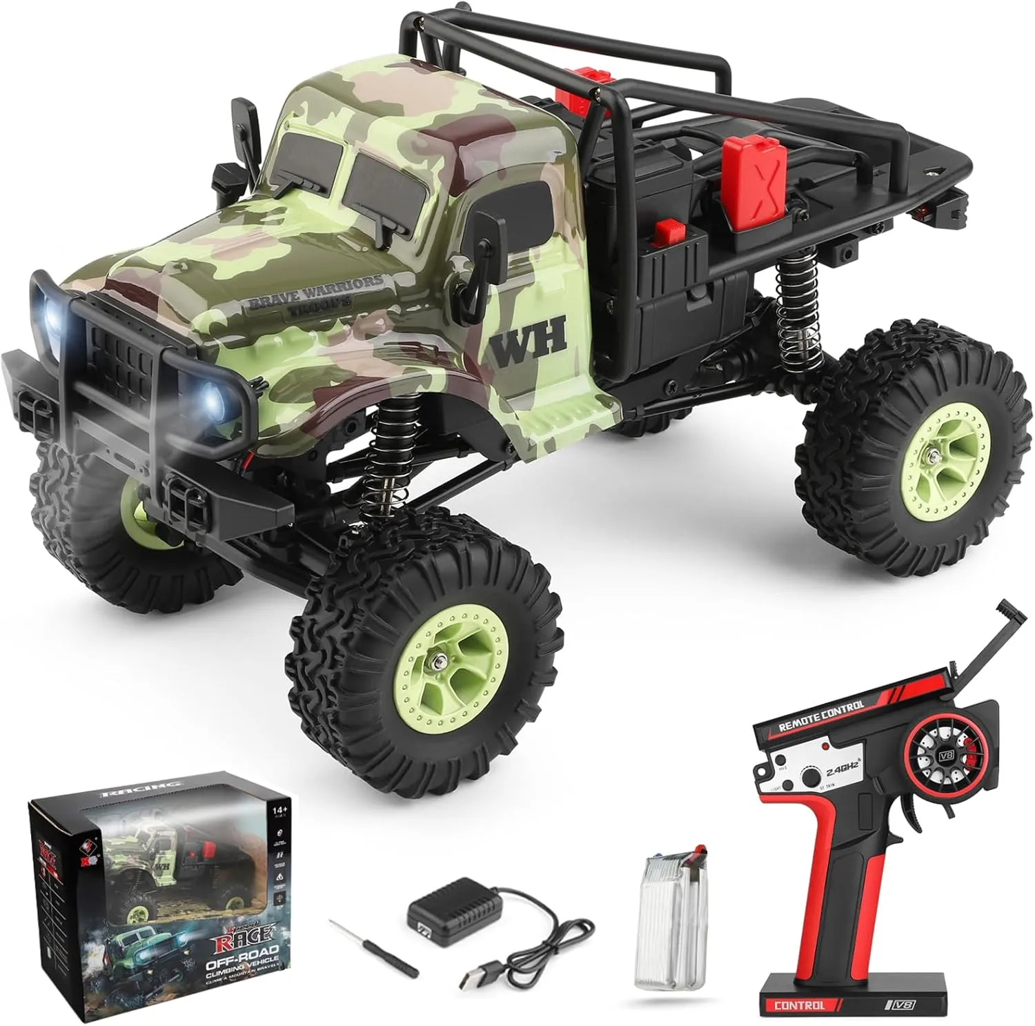 1:18 Scale Remote Control Car, 2.4GHz 4WD Simulation Military RC Truck, Dual Differential Ratio Design RC Crawler with LED Searchlight, Hobby RC Car Gift for Kids Adults