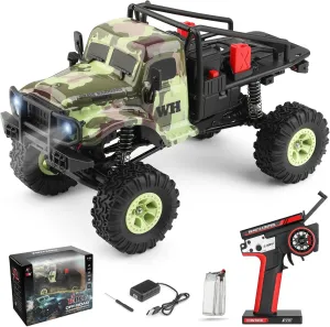 1:18 Scale Remote Control Car, 2.4GHz 4WD Simulation Military RC Truck, Dual Differential Ratio Design RC Crawler with LED Searchlight, Hobby RC Car Gift for Kids Adults