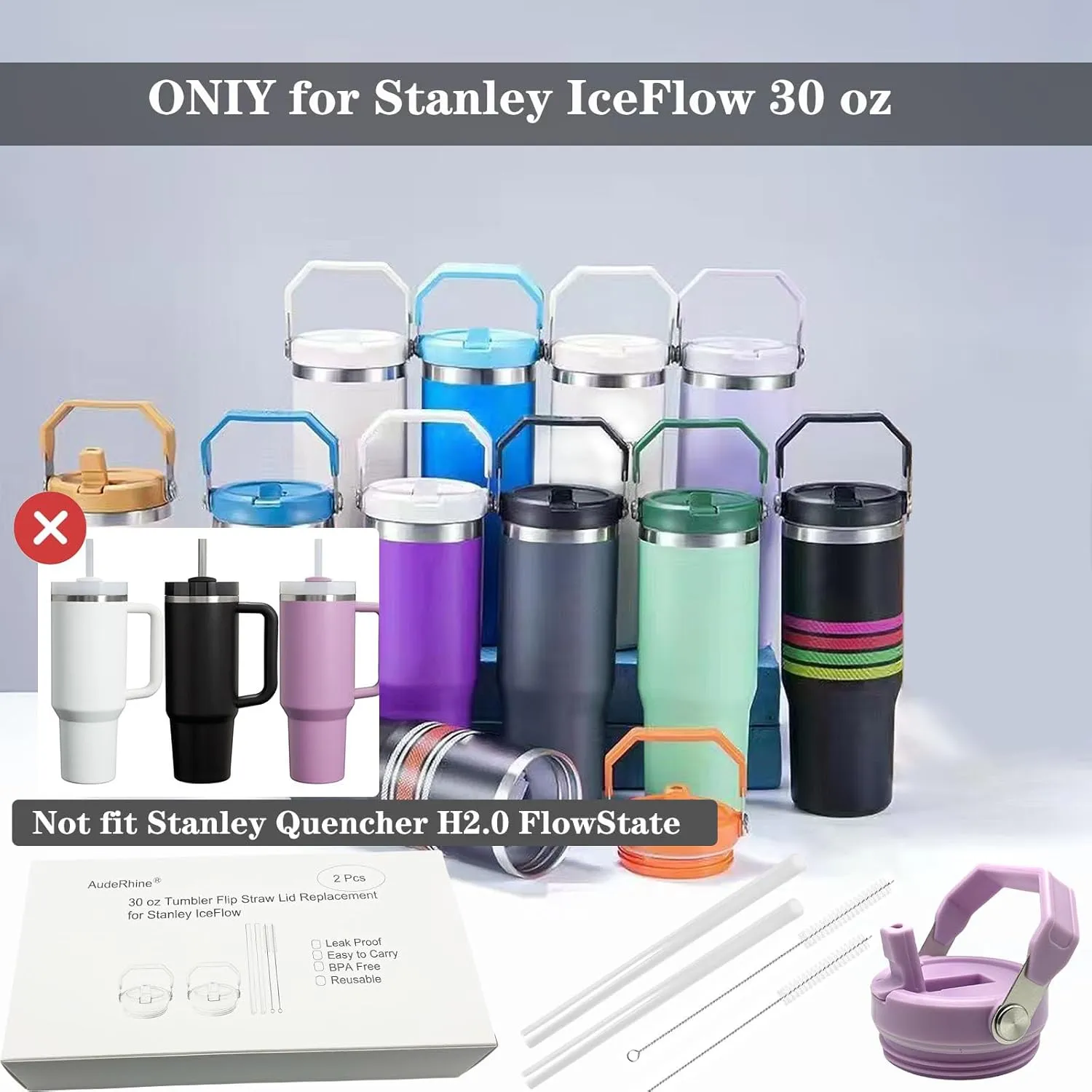 2 Pcs 30 oz Tumbler Flip Straw Lid Replacement for Stanley IceFlow, BPA Free, Easy to Carry, Perfect Fit, Reusable Leak Proof Lid, Only for Stanley IceFlow 30oz