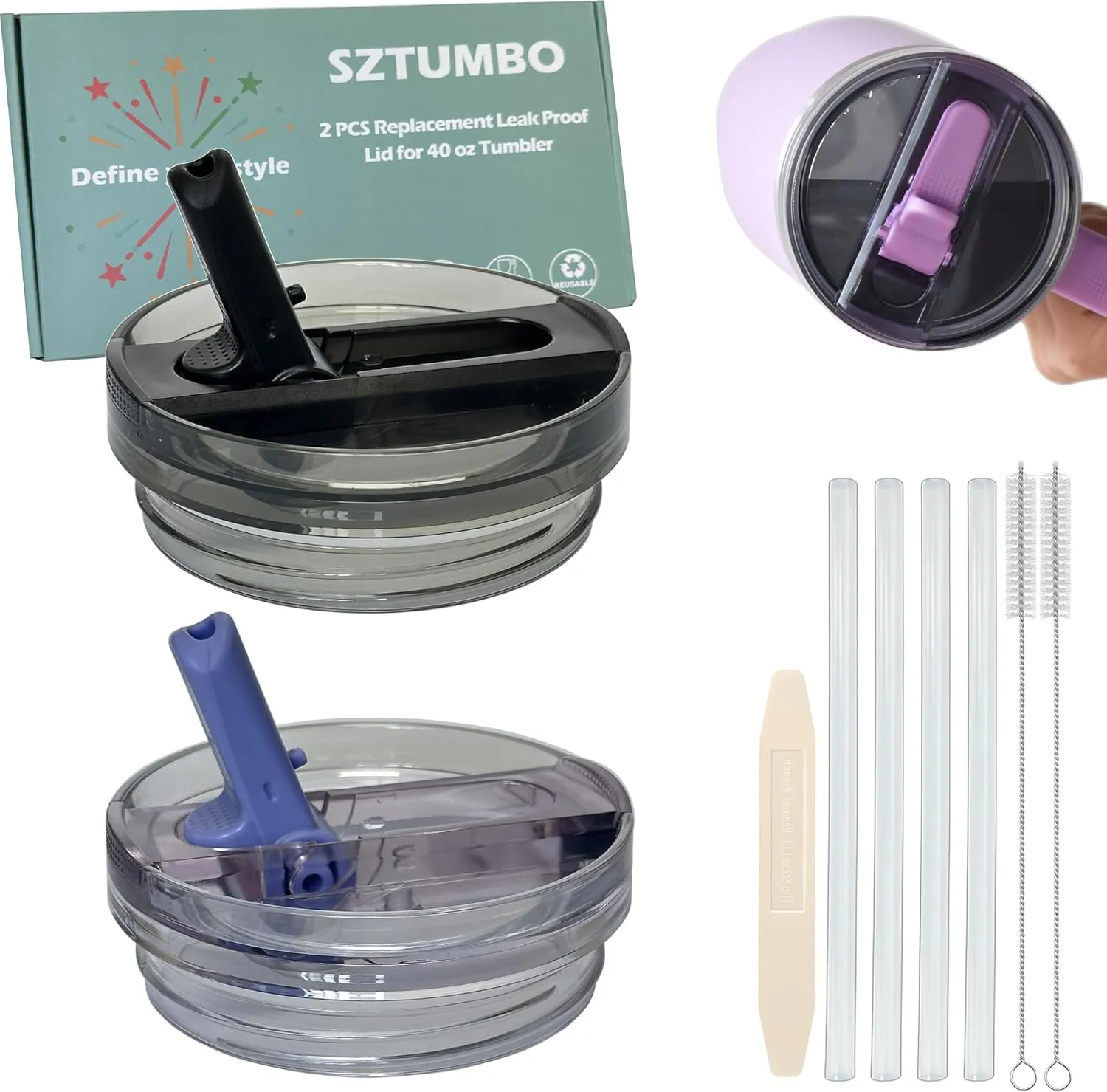 2 Pcs Detachable Flip Straw Lid for Stanley 40oz Quencher ProTour,100% Leak-proof Lid for Stanely 40oz Cup Accessories,Spill Proof and Splash Resistant Tumbler Cover(Black-Purple)