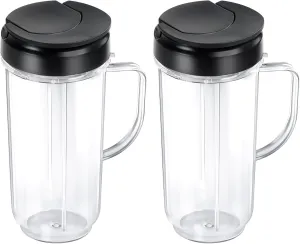 22 OZ Tall Mug Cup with Flip Top To-Go Lid - Replacement Part with Handle for 250W Blender Juicer - Replacement for Magic-Bullet Blender MB1001 - PACK of 2