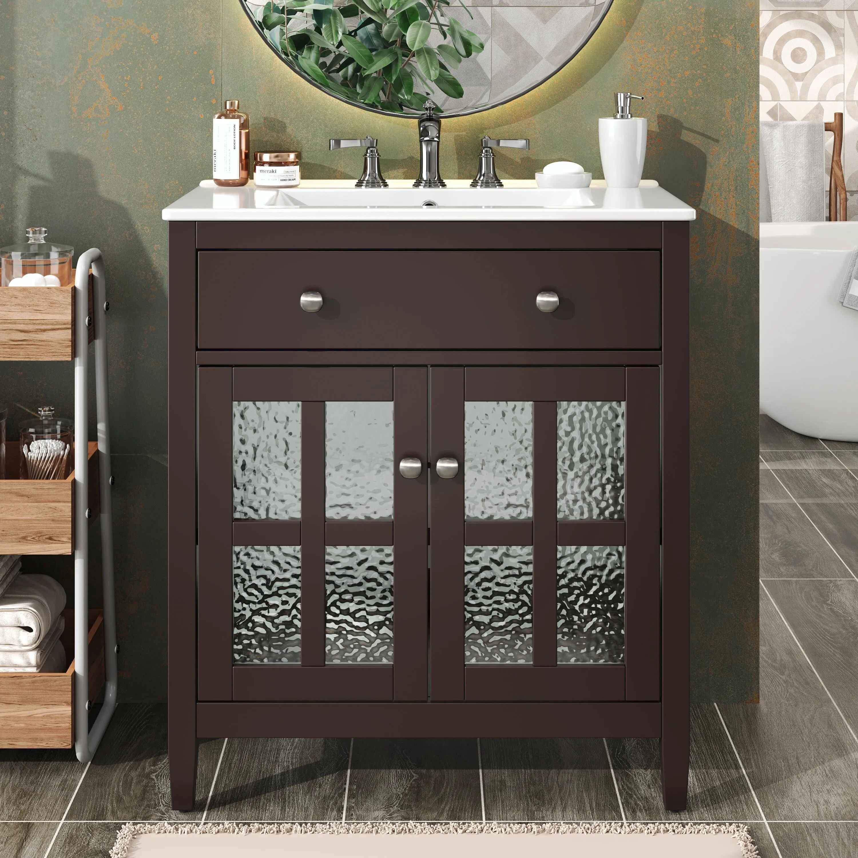 30" Bathroom Vanity with Ceramic Sink, Equipped with Adjustable Shelf and Tip-Out Tray