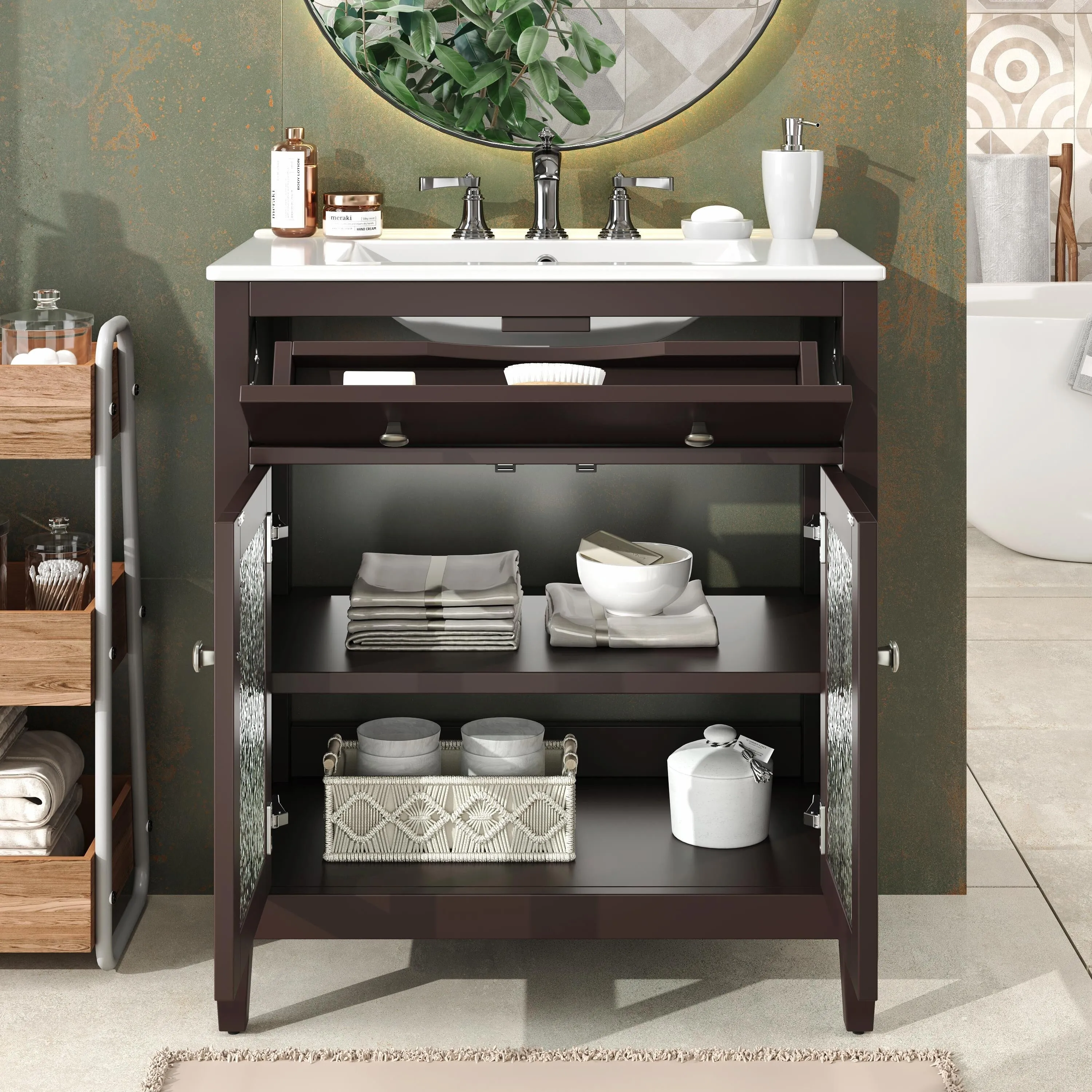 30" Bathroom Vanity with Ceramic Sink, Equipped with Adjustable Shelf and Tip-Out Tray
