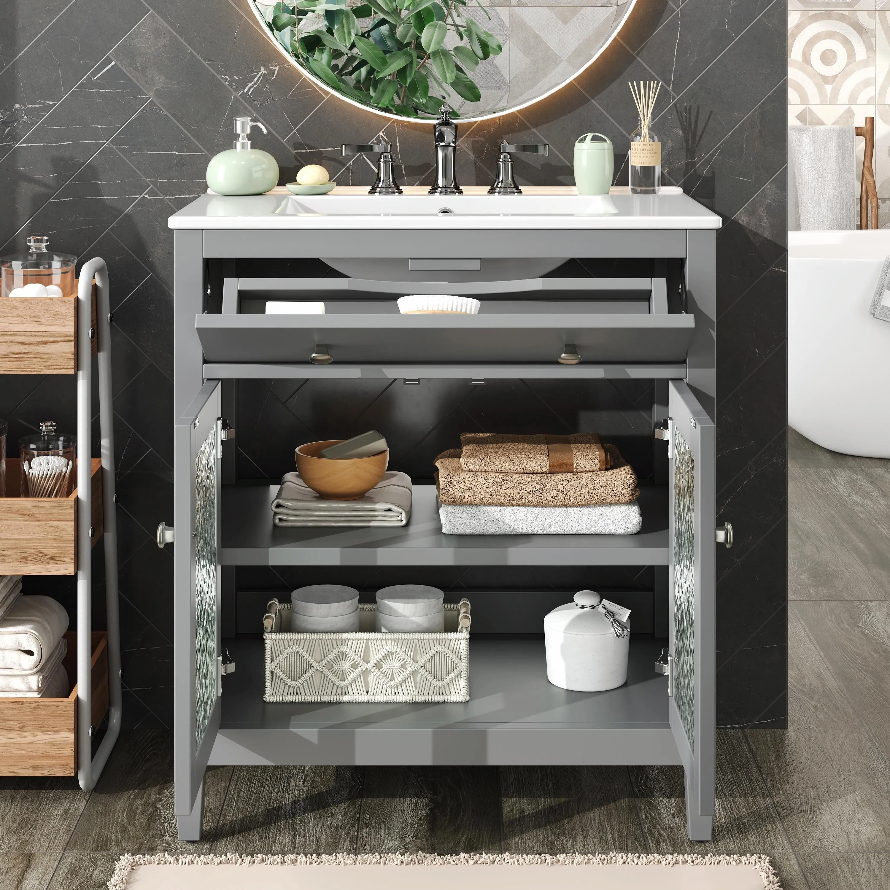 30" Bathroom Vanity with Ceramic Sink, Equipped with Adjustable Shelf and Tip-Out Tray