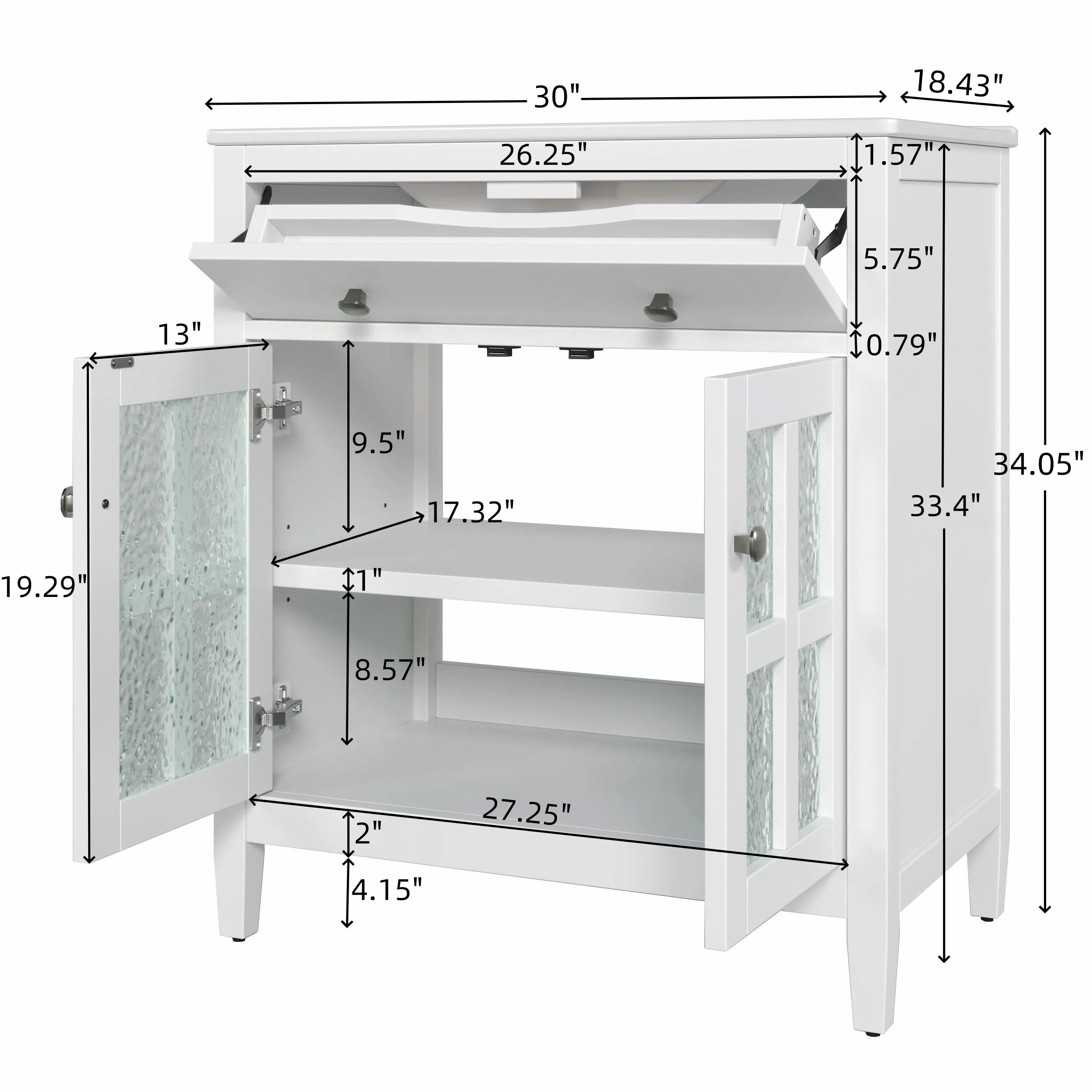 30" Bathroom Vanity with Ceramic Sink, Equipped with Adjustable Shelf and Tip-Out Tray
