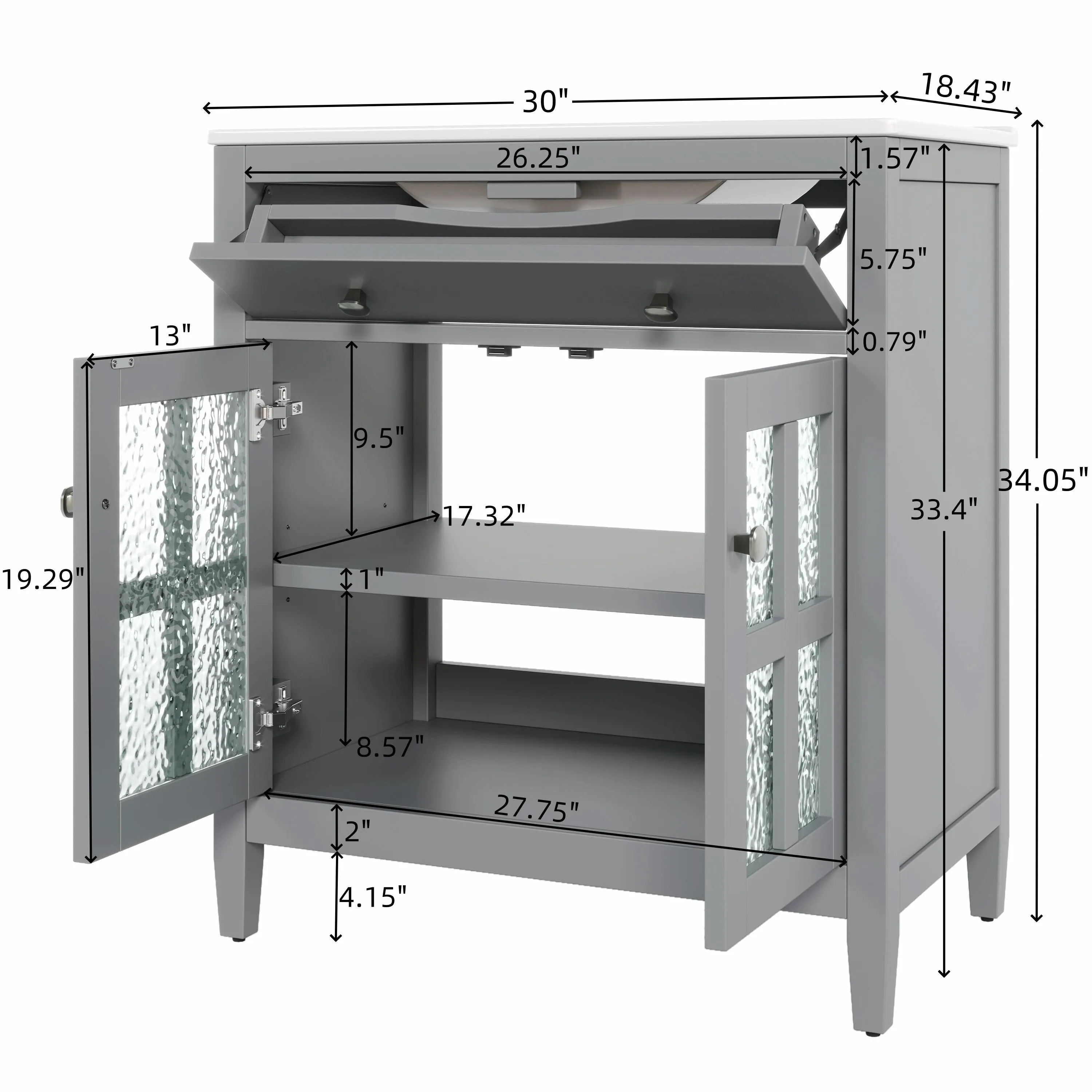 30" Bathroom Vanity with Ceramic Sink, Equipped with Adjustable Shelf and Tip-Out Tray