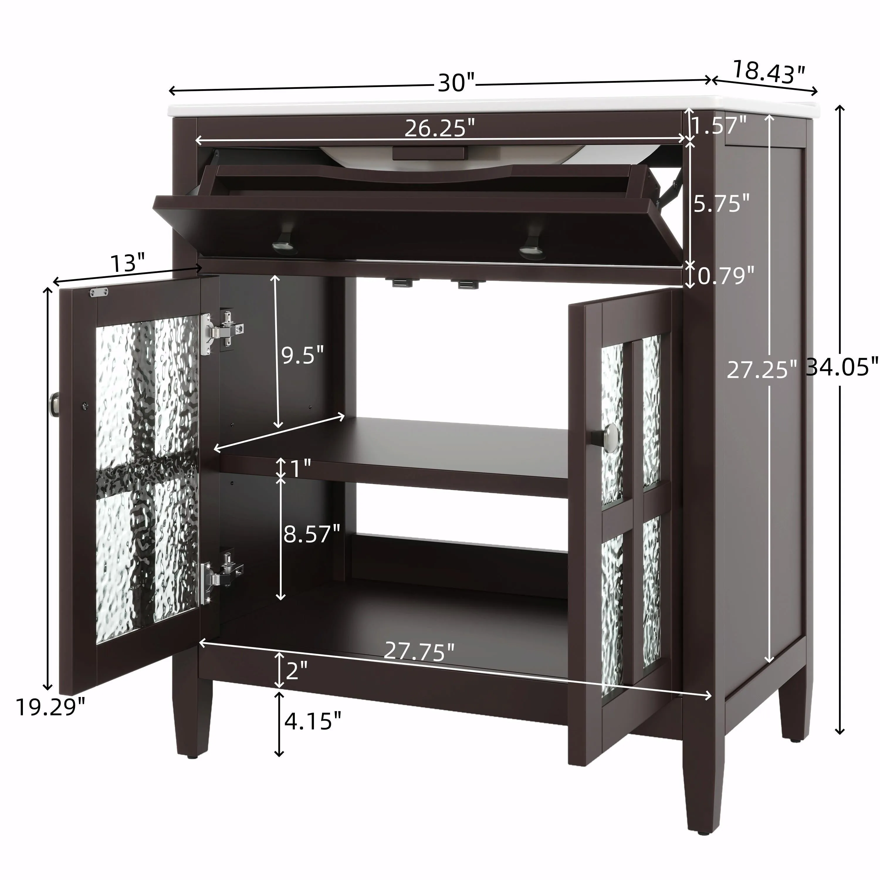 30" Bathroom Vanity with Ceramic Sink, Equipped with Adjustable Shelf and Tip-Out Tray