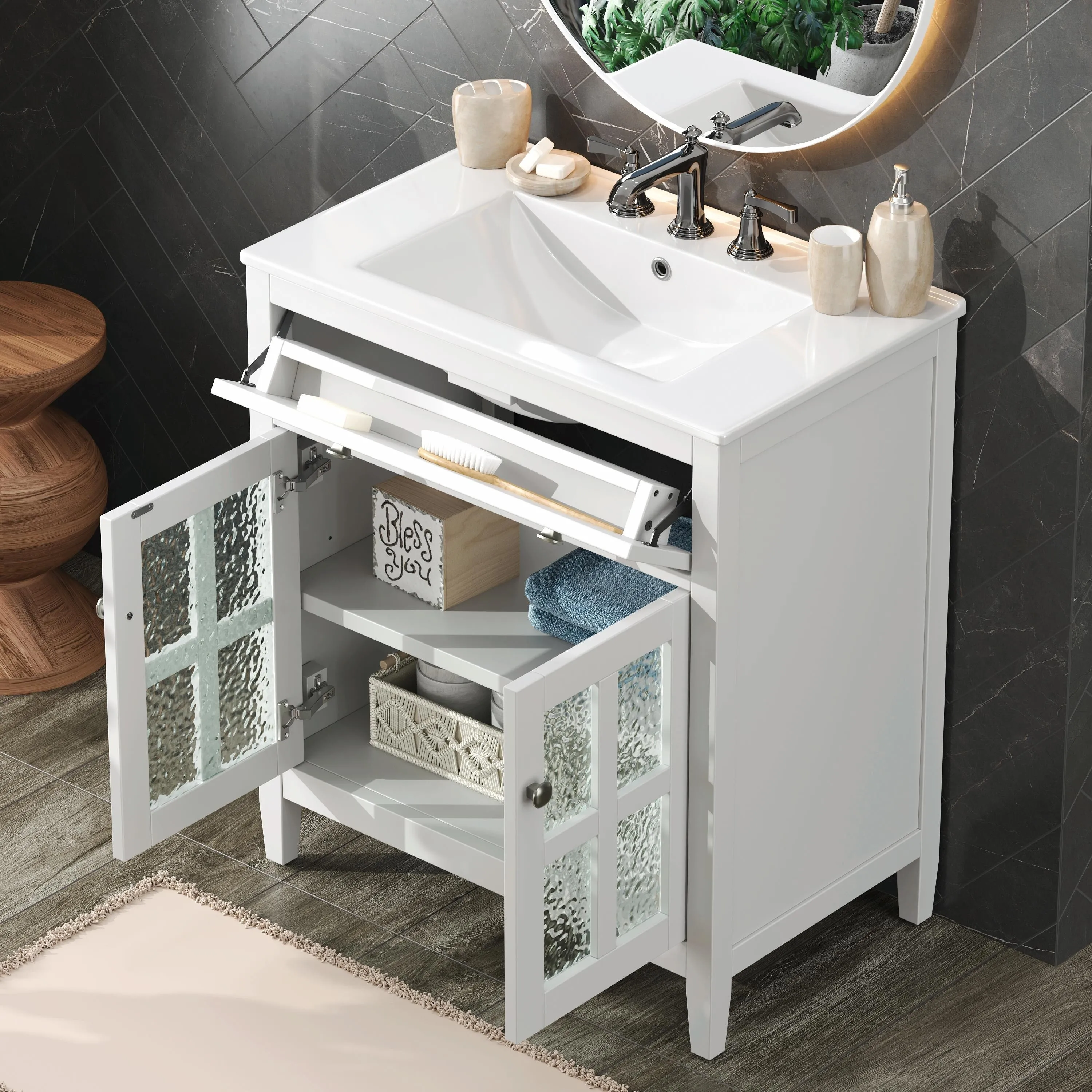 30" Bathroom Vanity with Ceramic Sink, Equipped with Adjustable Shelf and Tip-Out Tray