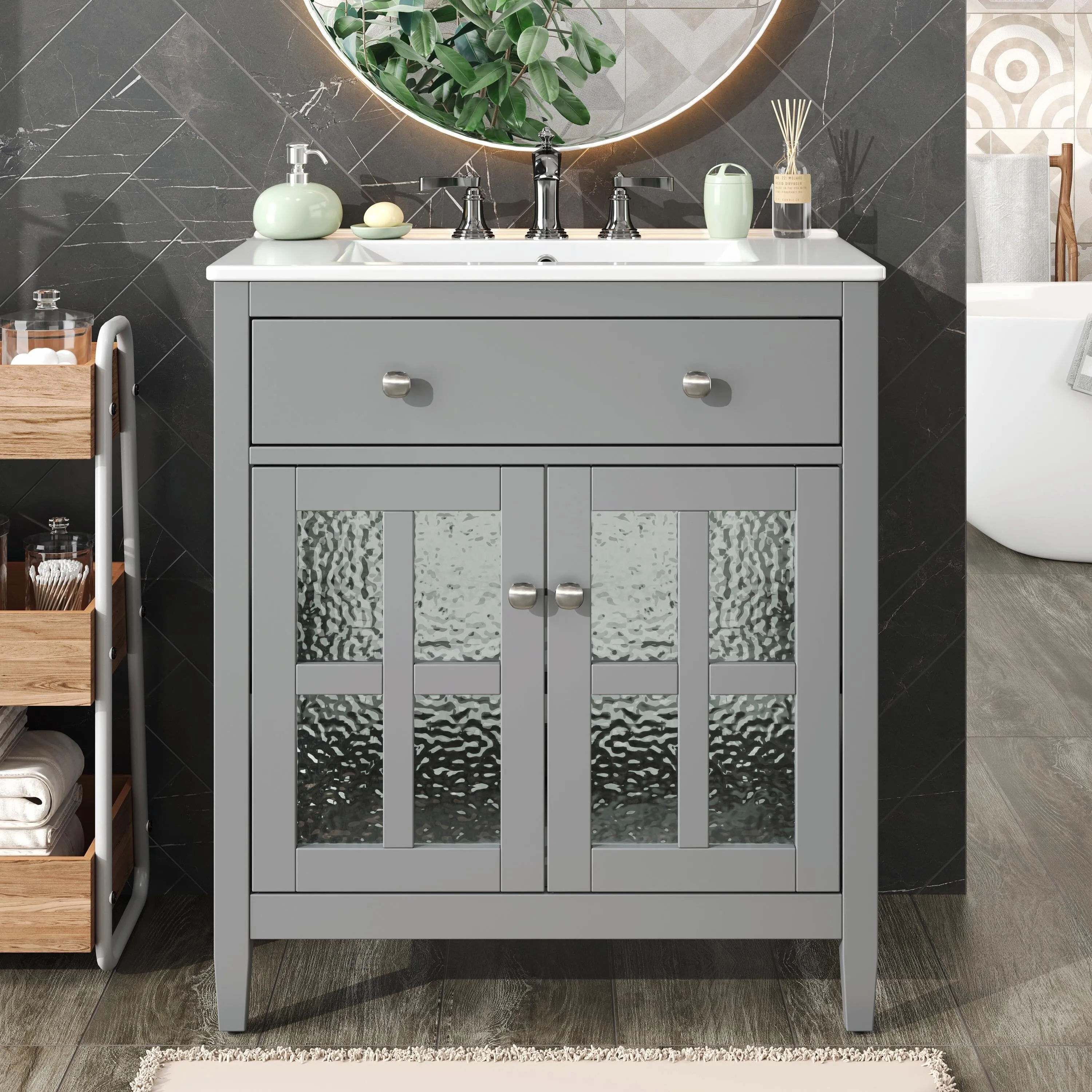 30" Bathroom Vanity with Ceramic Sink, Equipped with Adjustable Shelf and Tip-Out Tray