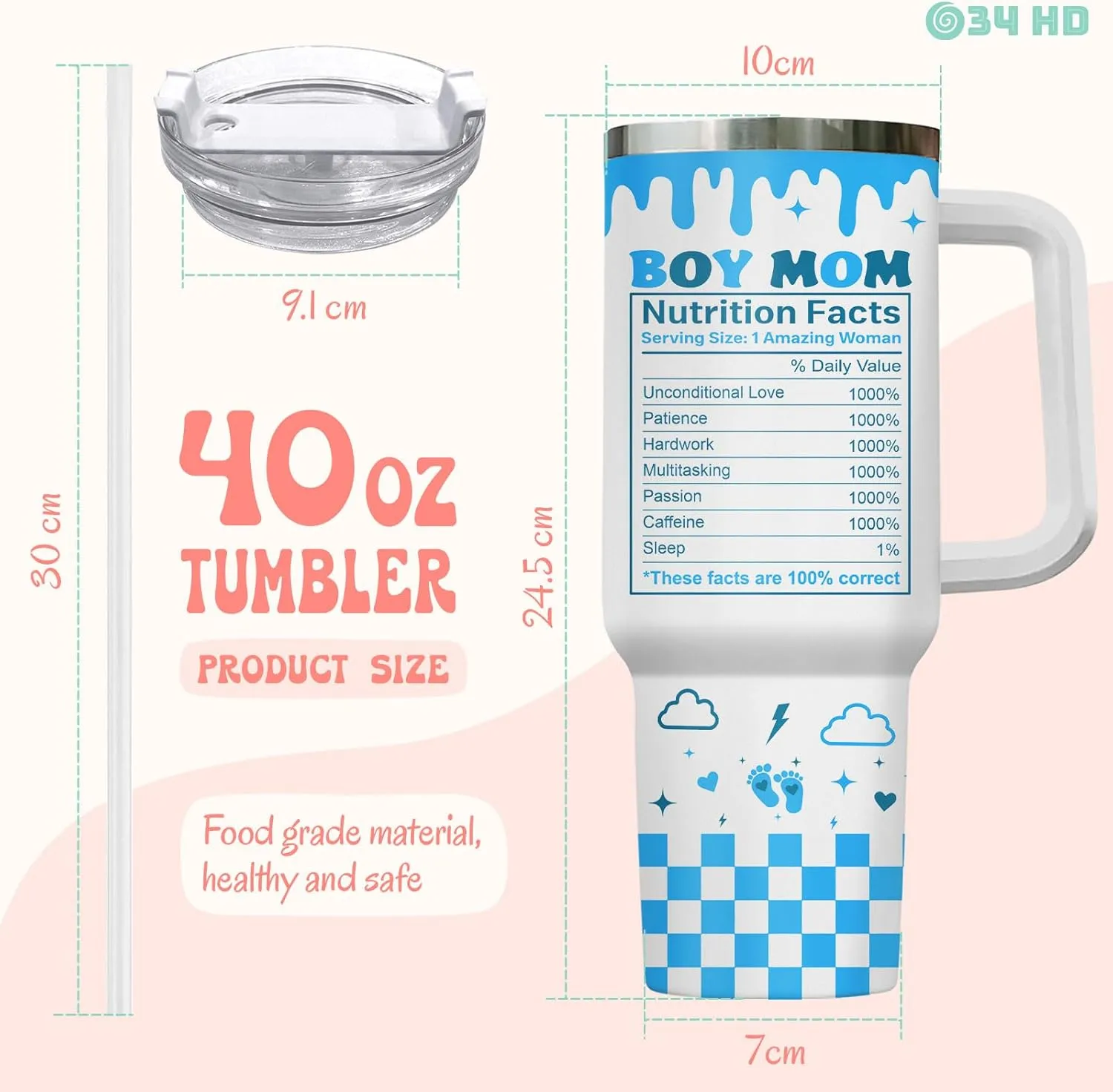34HD Mothers Day Gifts, Boy Mom Tumbler with Handle and Straw, 40oz Mama Coffee Mug with Nutrition Facts, Mum Drinking Cup, Birthday Gifts for New Mommy Women