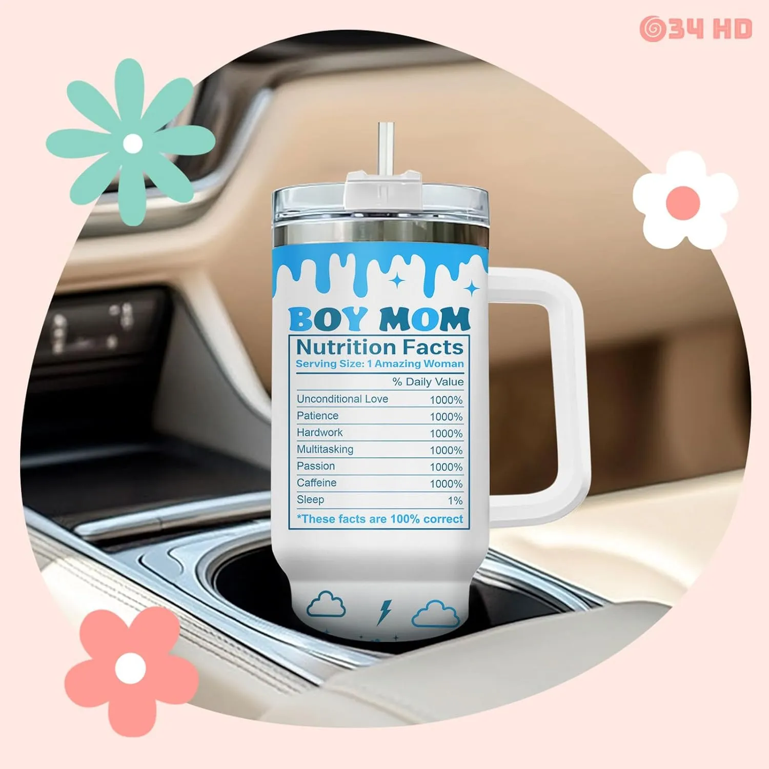 34HD Mothers Day Gifts, Boy Mom Tumbler with Handle and Straw, 40oz Mama Coffee Mug with Nutrition Facts, Mum Drinking Cup, Birthday Gifts for New Mommy Women