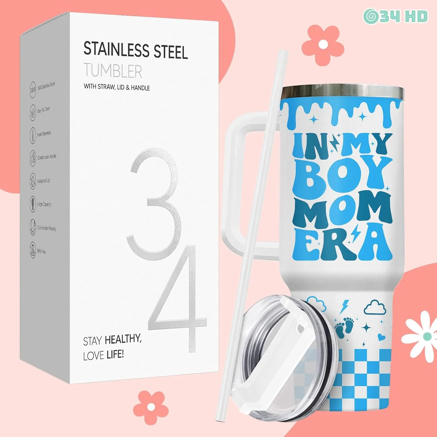 34HD Mothers Day Gifts, Boy Mom Tumbler with Handle and Straw, 40oz Mama Coffee Mug with Nutrition Facts, Mum Drinking Cup, Birthday Gifts for New Mommy Women