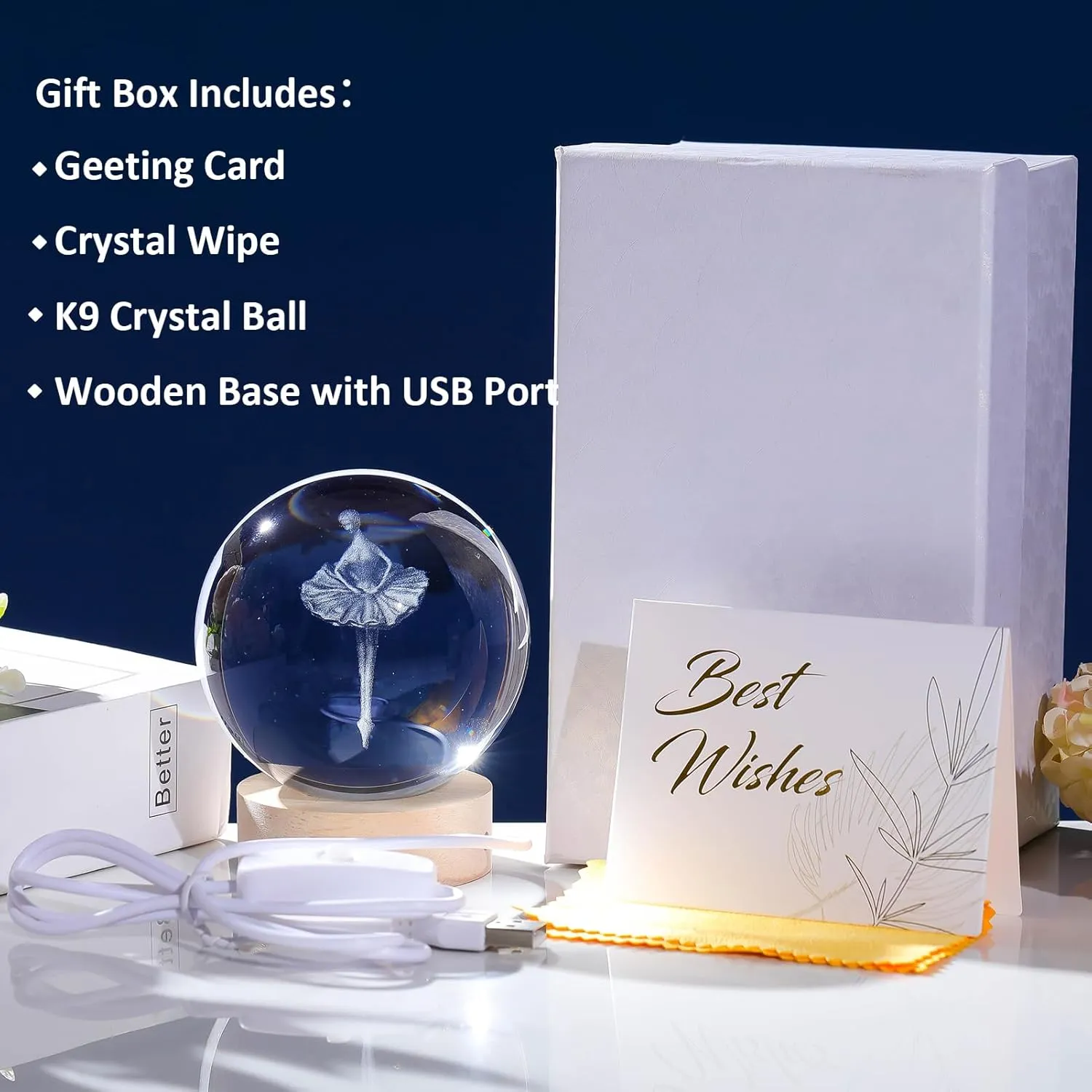 3D Ballet Dancer Girl Figurine Crystal Ball with Wooden Base, Laser Engraved Ballerina Dancing Figurines Gifts for Girls, Ballet Dancer Girl Statue Home Decor Glass Sphere Paperweight