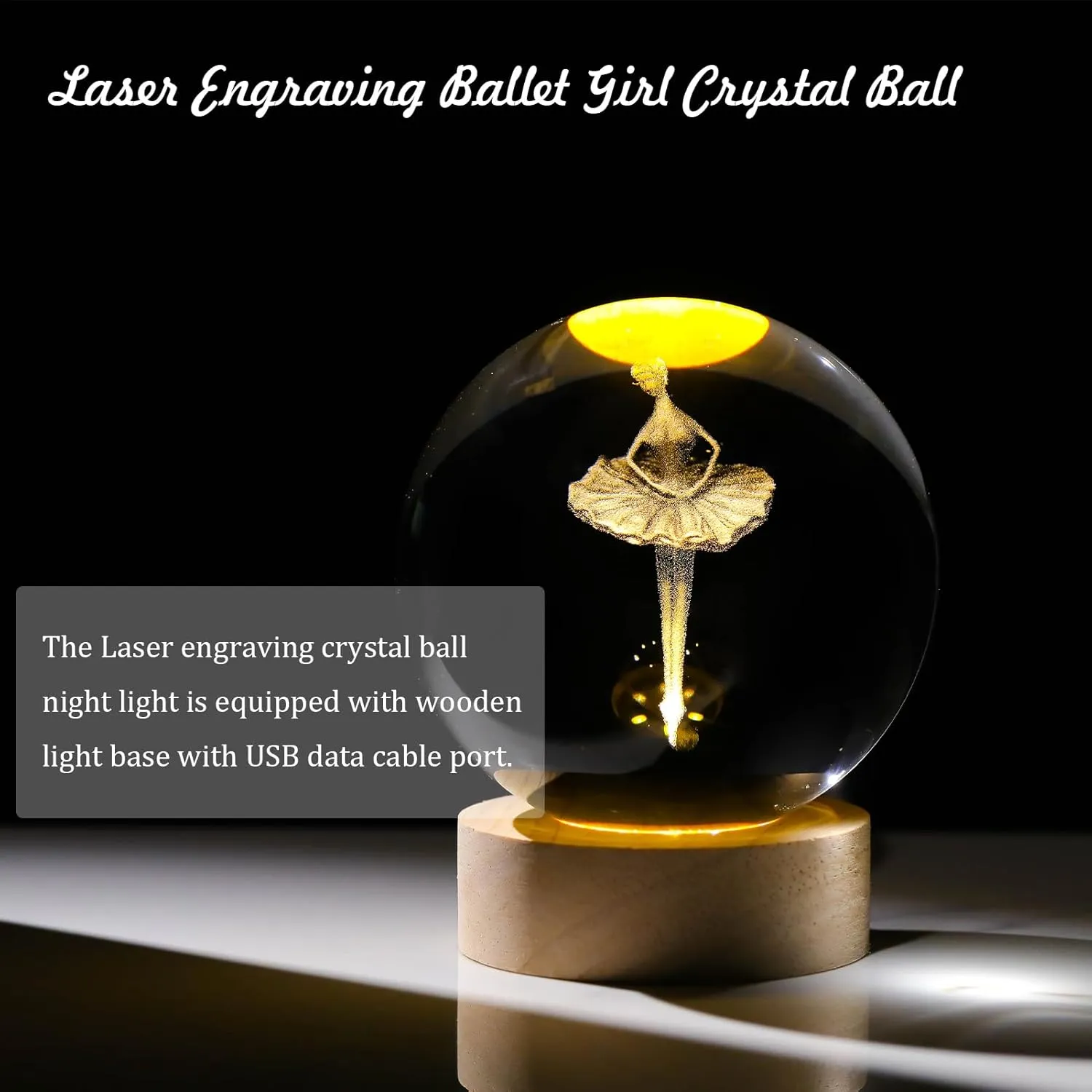 3D Ballet Dancer Girl Figurine Crystal Ball with Wooden Base, Laser Engraved Ballerina Dancing Figurines Gifts for Girls, Ballet Dancer Girl Statue Home Decor Glass Sphere Paperweight