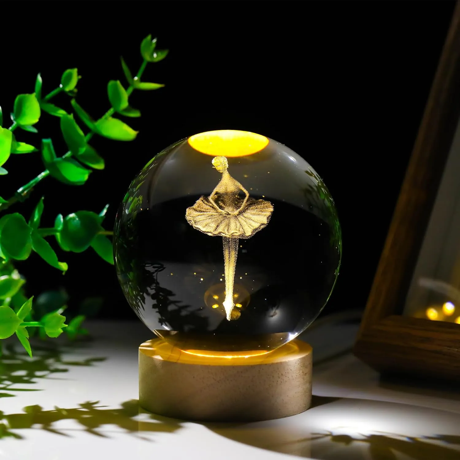 3D Ballet Dancer Girl Figurine Crystal Ball with Wooden Base, Laser Engraved Ballerina Dancing Figurines Gifts for Girls, Ballet Dancer Girl Statue Home Decor Glass Sphere Paperweight