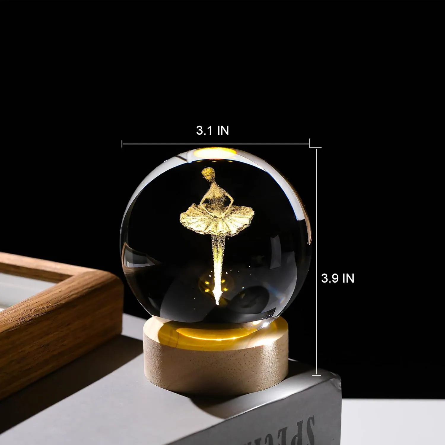 3D Ballet Dancer Girl Figurine Crystal Ball with Wooden Base, Laser Engraved Ballerina Dancing Figurines Gifts for Girls, Ballet Dancer Girl Statue Home Decor Glass Sphere Paperweight