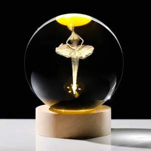 3D Ballet Dancer Girl Figurine Crystal Ball with Wooden Base, Laser Engraved Ballerina Dancing Figurines Gifts for Girls, Ballet Dancer Girl Statue Home Decor Glass Sphere Paperweight