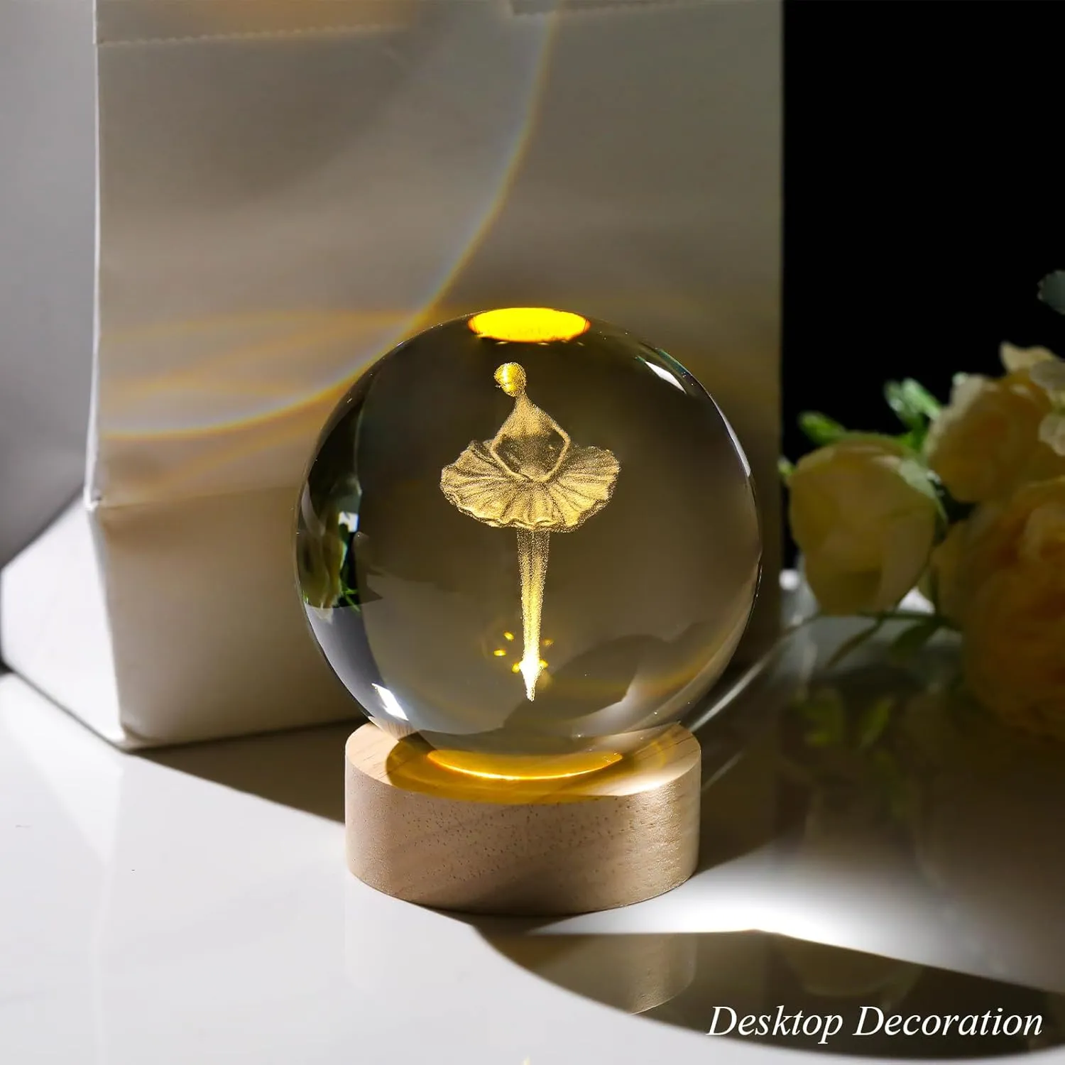 3D Ballet Dancer Girl Figurine Crystal Ball with Wooden Base, Laser Engraved Ballerina Dancing Figurines Gifts for Girls, Ballet Dancer Girl Statue Home Decor Glass Sphere Paperweight