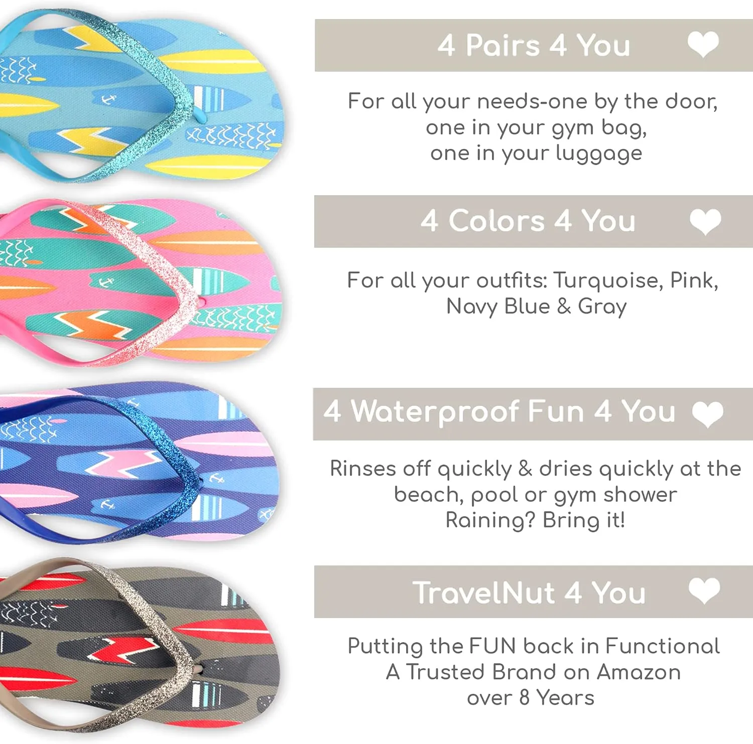 4 Pack Cute Pool Beach Waterproof Rubber Flip-Flops Sandals for Teen Girls Women Lightweight Dorm Shower Shoes Summer Travel Essentials Juniors