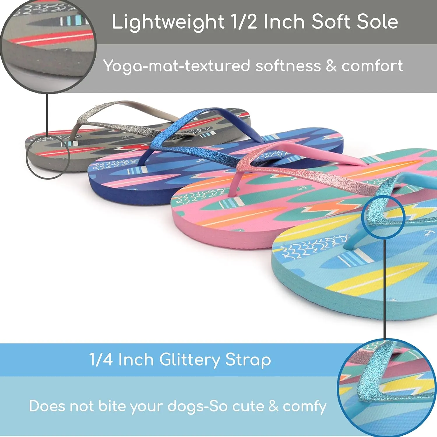 4 Pack Cute Pool Beach Waterproof Rubber Flip-Flops Sandals for Teen Girls Women Lightweight Dorm Shower Shoes Summer Travel Essentials Juniors