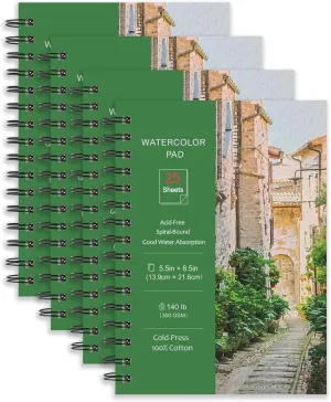 4 Pack Watercolor Paper Pads 5.5x8.5”, 140 lb/300 GSM Cold Press Watercolor Paper, Spiral Bound Watercolor Sketchbook for Watercolors, Art Painting, Drawing, DIY Cards(100 Sheets)