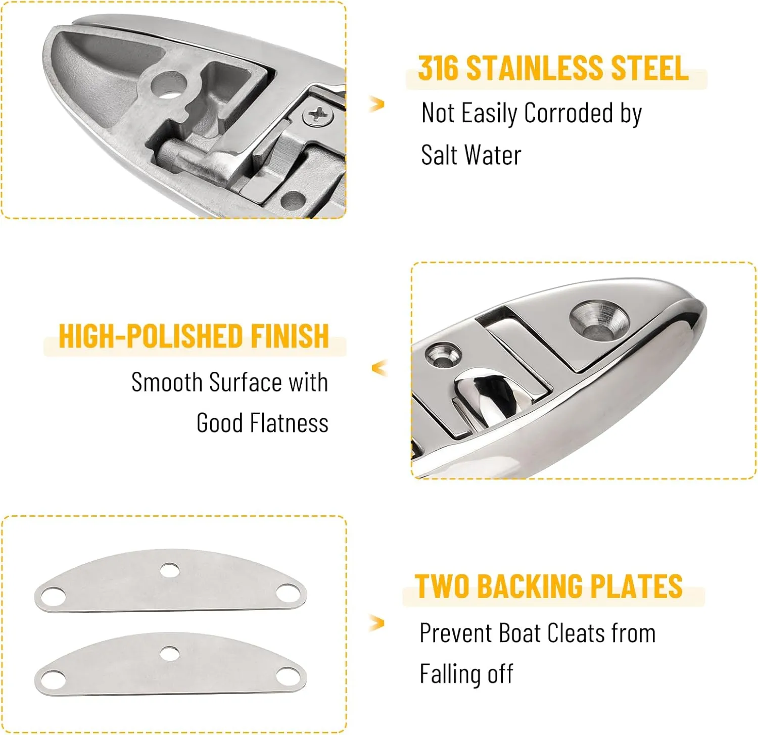 5 inch/6 inch Boat Folding Cleats, 316 Stainless Steel Flip-up Marine Dock Rope Cleats with Backing Plates and Screws, Compatible with Kayak Yacht Pontoon Boat