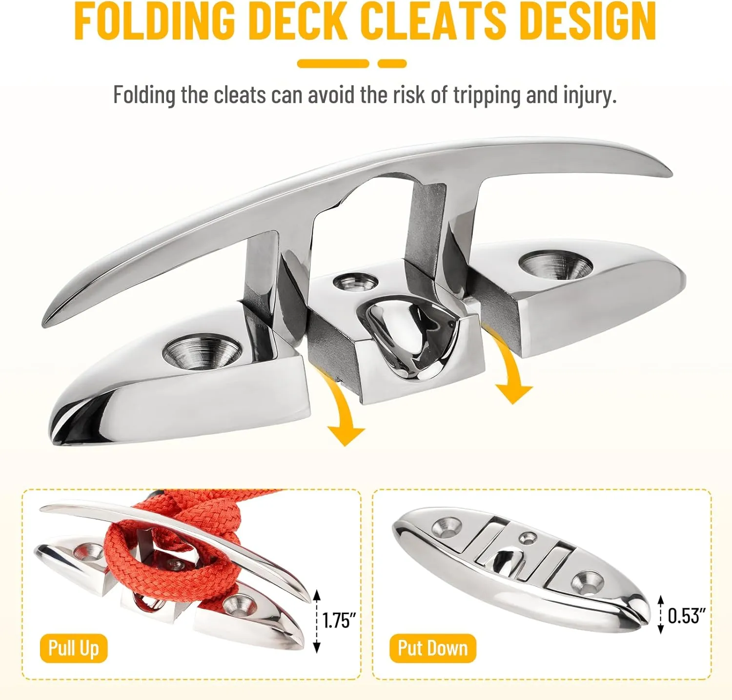 5 inch/6 inch Boat Folding Cleats, 316 Stainless Steel Flip-up Marine Dock Rope Cleats with Backing Plates and Screws, Compatible with Kayak Yacht Pontoon Boat