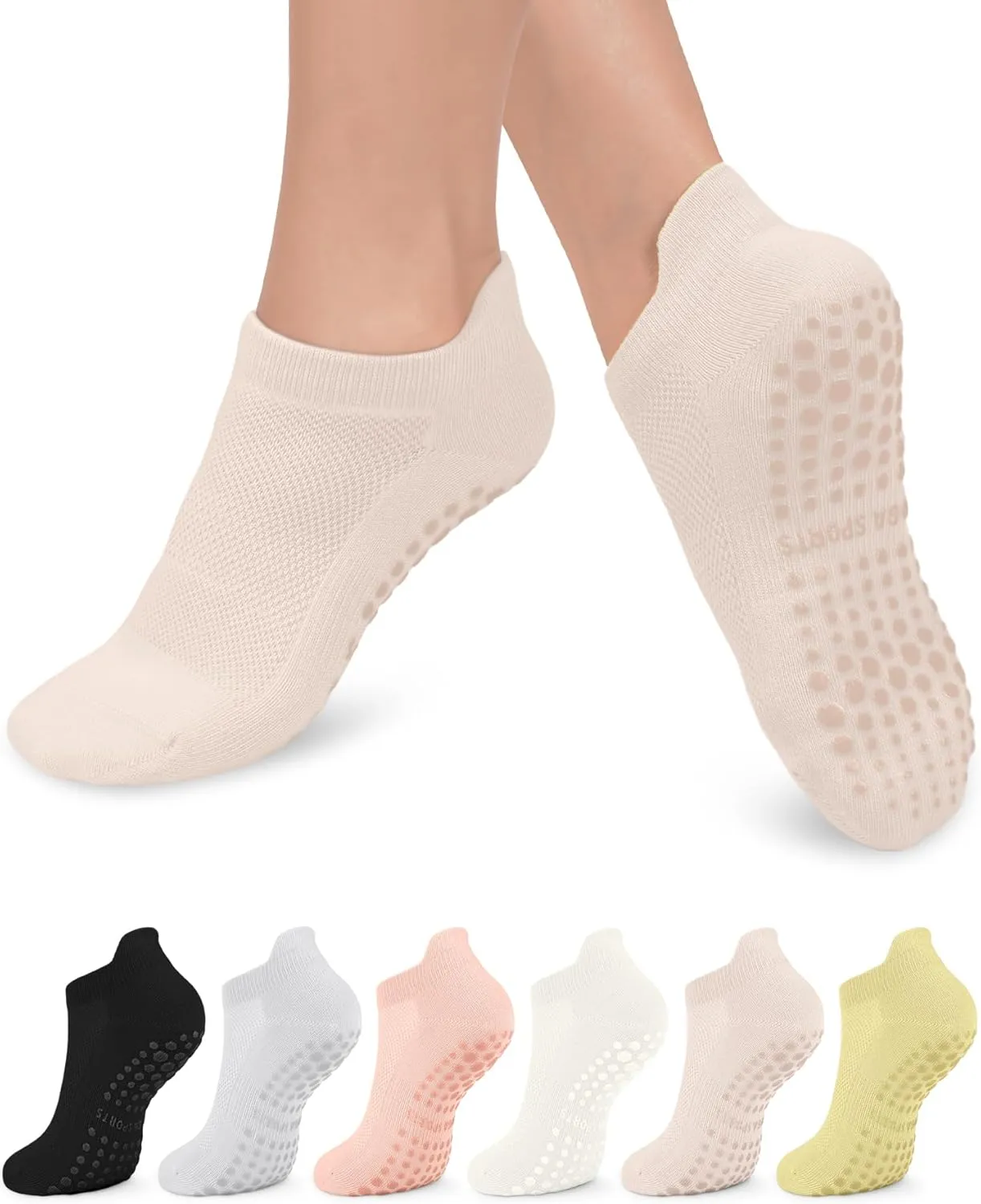 6 Pairs Grip Pilates Socks for Women, Non-slip Yoga Athletic Socks for Barre Ballet Barefoot Workout Hospital