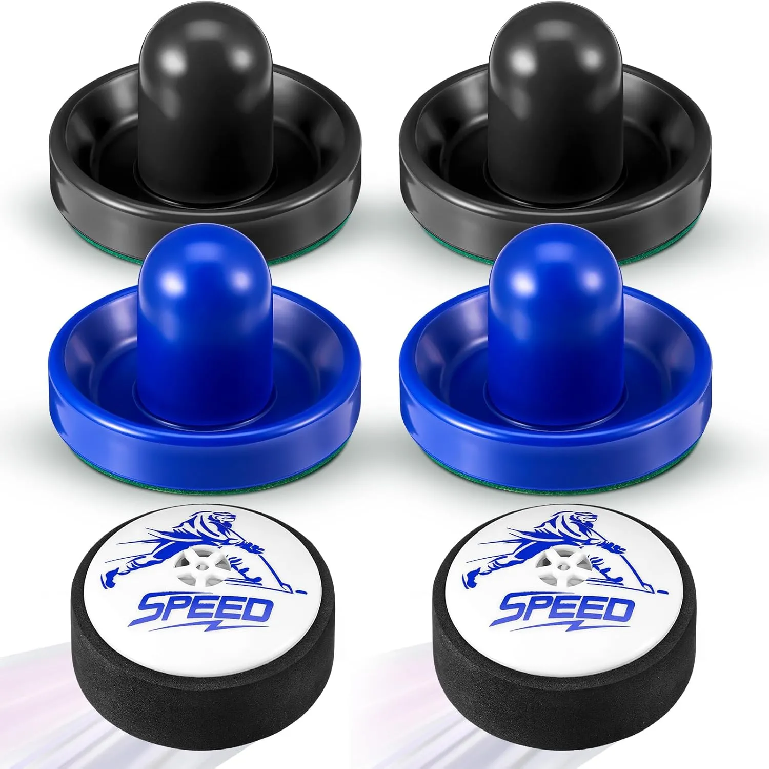6 Pcs Electric Floating Hockey Pucks and Paddles, 2 Pcs Hover Hockey Puck and 4 Pcs Goal Pusher Paddles for Any Flat Surface Game Tables, No Batteries Included