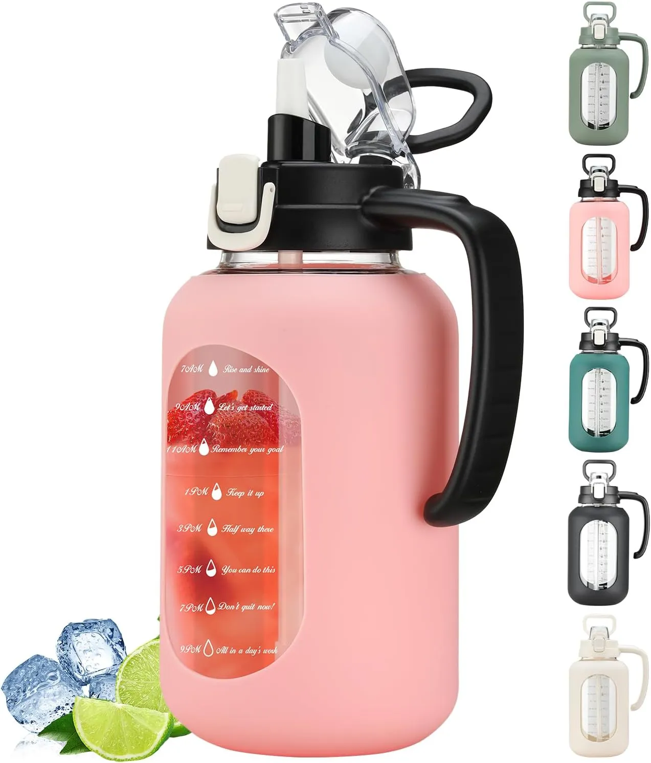 64 oz Glass Water Bottle with Straw and Handle Half Gallon Water Jug with Silicone Sleeve Large Water Bottle for Office, Gym, Outdoor Sports