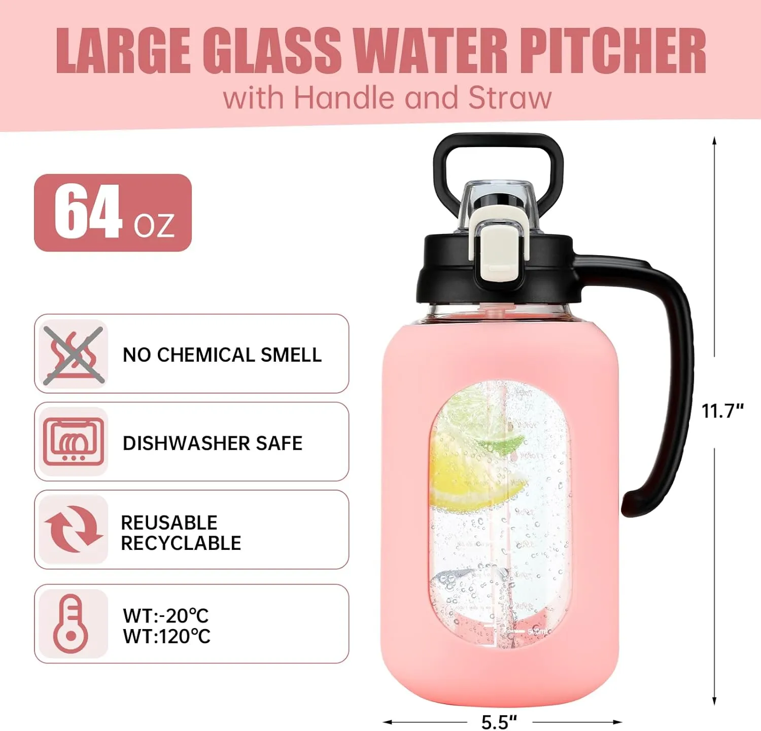 64 oz Glass Water Bottle with Straw and Handle Half Gallon Water Jug with Silicone Sleeve Large Water Bottle for Office, Gym, Outdoor Sports