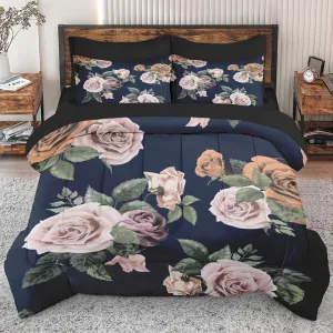 7 Pcs Comforter Set Queen Size, Floral Rose Flower Bed in a Bag with Flat and Fitted Sheet for Kids and Adults, Vintage Leaf Green Bedding Set with 2 Pillowcases & 2 Shams