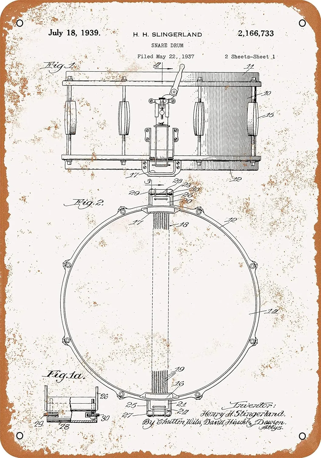 7 x 10 METAL SIGN - 1939 Slingerland Snare Drum Patent - Vintage Rusty Look