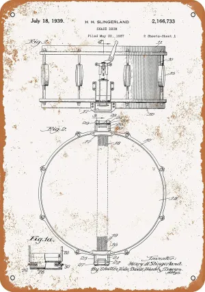 7 x 10 METAL SIGN - 1939 Slingerland Snare Drum Patent - Vintage Rusty Look