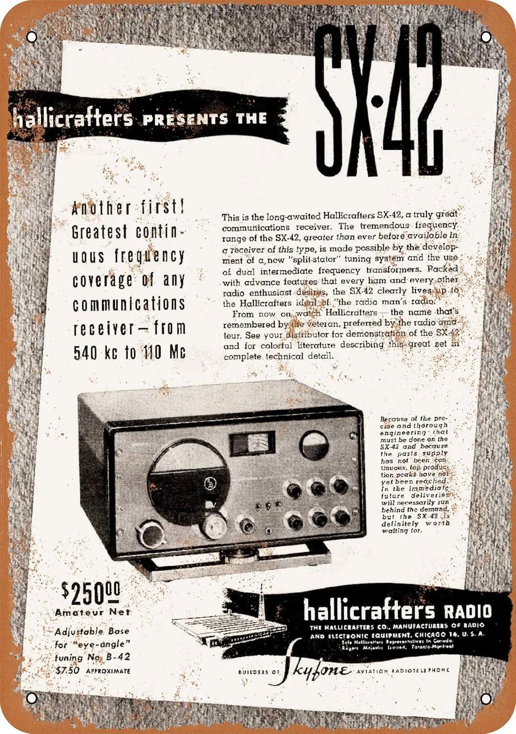 7 x 10 METAL SIGN - 1946 Hallicrafters SX-42 Radio Receiver - Vintage Rusty Look