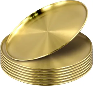 8PCS 201 Stainless Steel Gold Plates, 10 Inches Flat Metal Dishes, Round Serving Plates for Snacks, Desserts