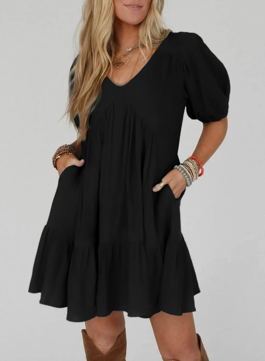 Acelitt Women's Summer Dresses 2025 Beach Casual Deep V Neck Loose Sundress Short Sleeve Mini Dress