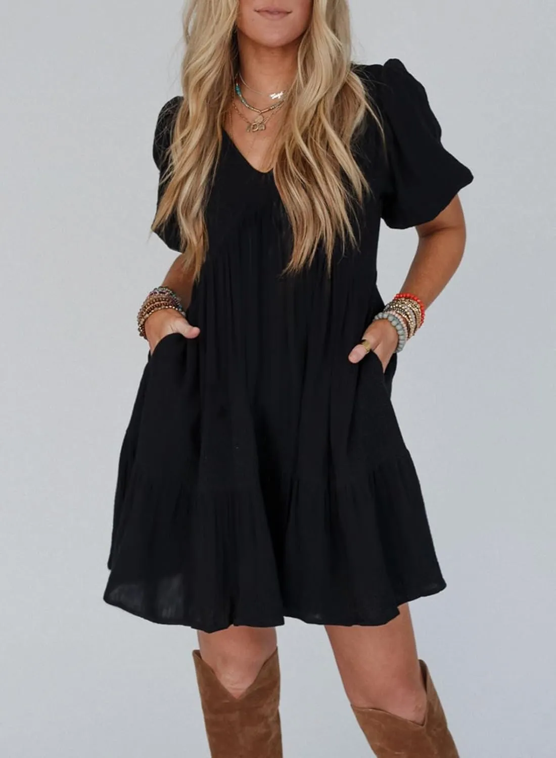 Acelitt Women's Summer Dresses 2025 Beach Casual Deep V Neck Loose Sundress Short Sleeve Mini Dress