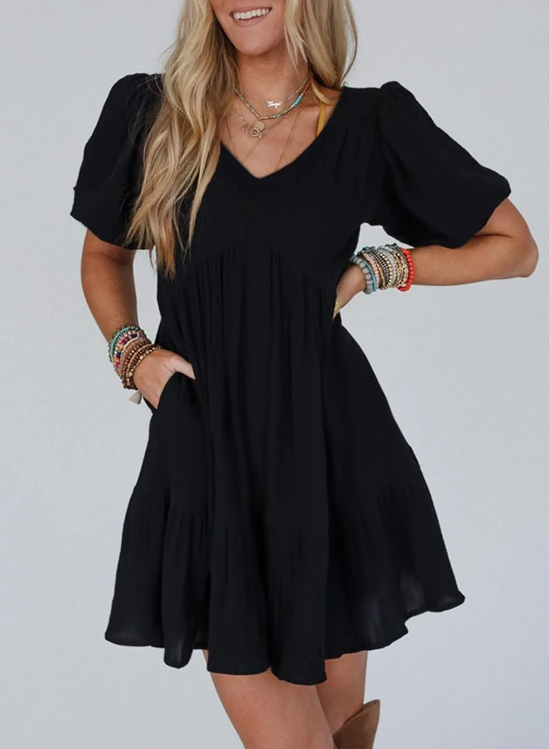 Acelitt Women's Summer Dresses 2025 Beach Casual Deep V Neck Loose Sundress Short Sleeve Mini Dress