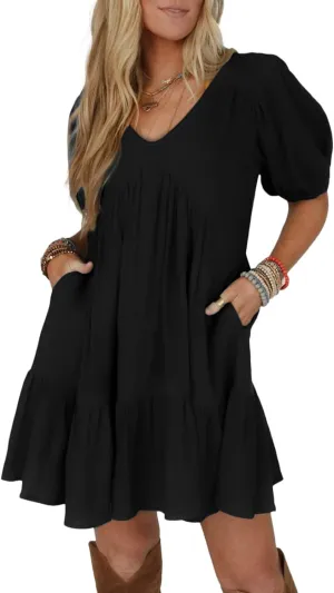 Acelitt Women's Summer Dresses 2025 Beach Casual Deep V Neck Loose Sundress Short Sleeve Mini Dress