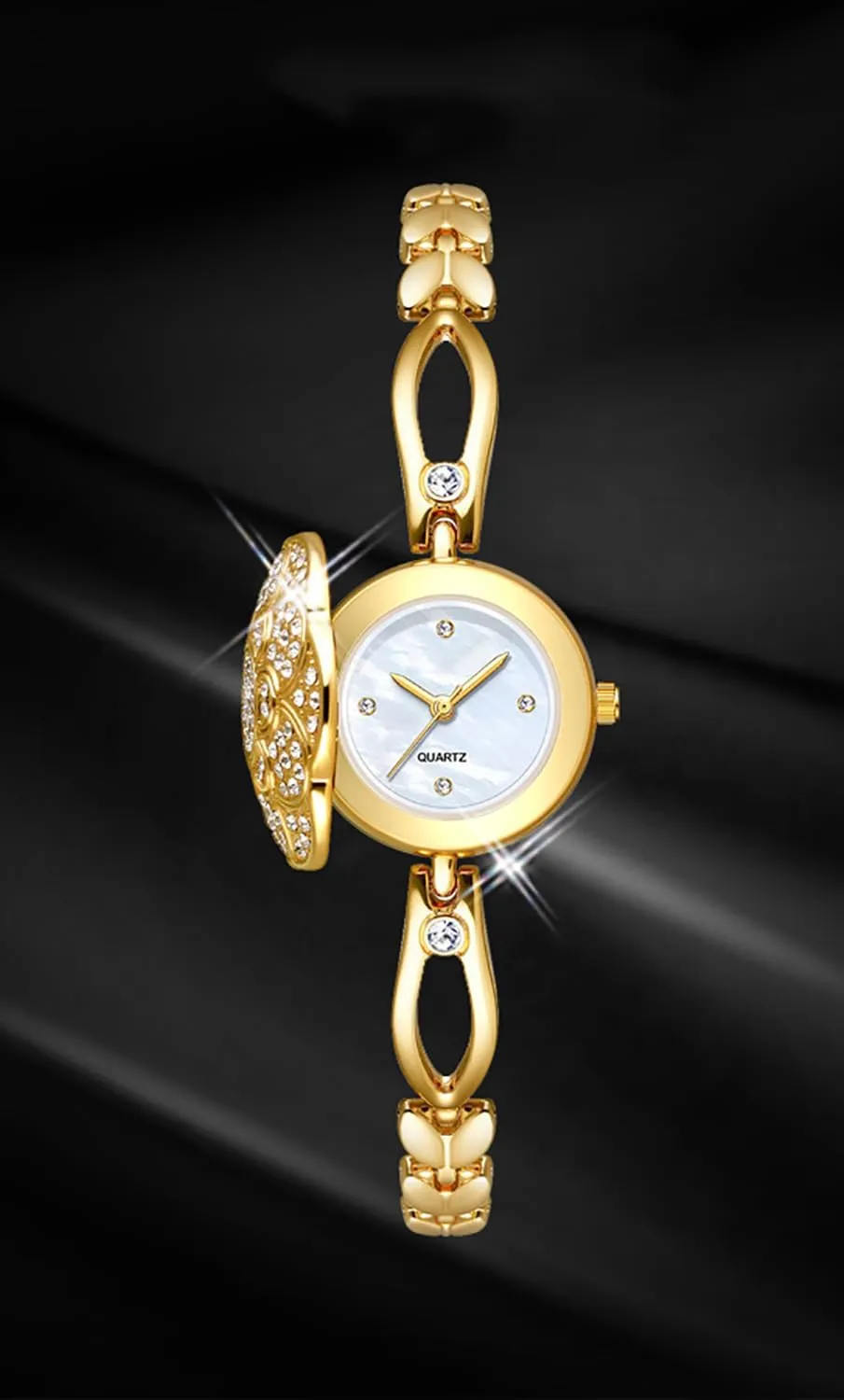 ADSBIAOYE Elegant Women's Watch Flower-Shaped Diamond flip Fashion Luxury Bracelet ​Dress Women Watch 30 M Waterproof Quartz Female Wristwatc