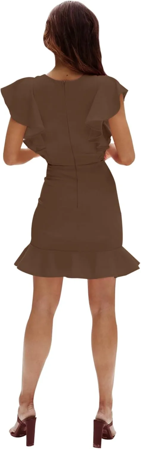 AIMCOO Women's Summer Flutter Sleeves Mini Dress Crewneck Ruffle Hem Casual Mini Dresses Elegant Solid Bodycon Dress