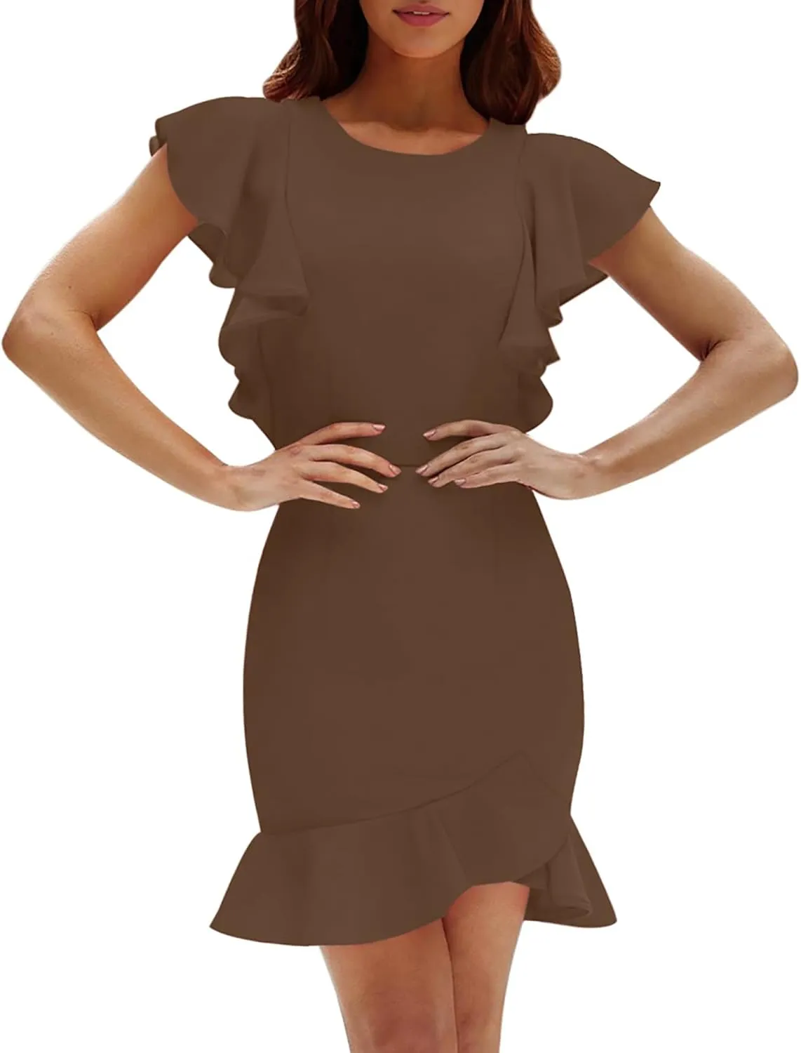 AIMCOO Women's Summer Flutter Sleeves Mini Dress Crewneck Ruffle Hem Casual Mini Dresses Elegant Solid Bodycon Dress