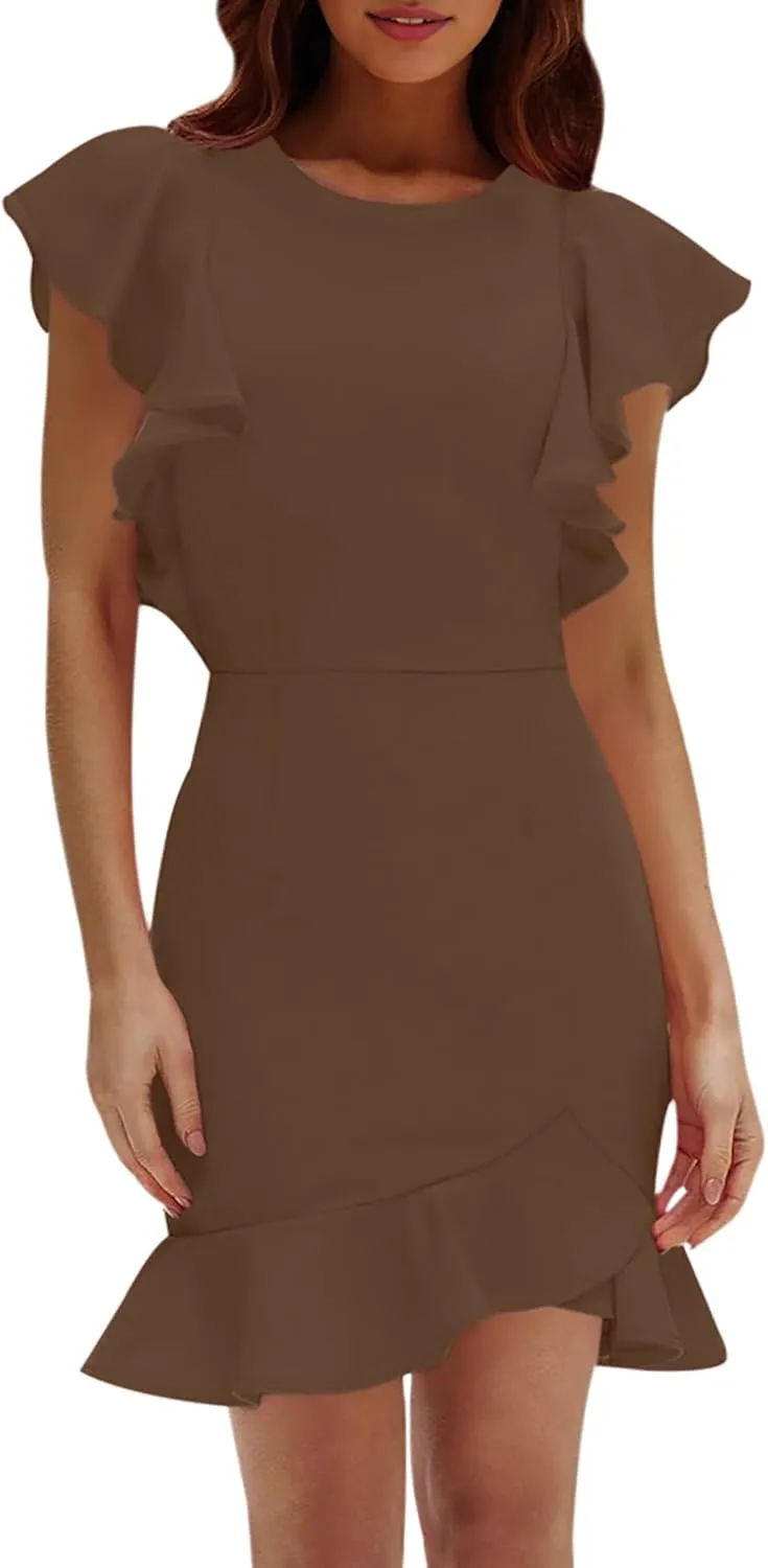 AIMCOO Women's Summer Flutter Sleeves Mini Dress Crewneck Ruffle Hem Casual Mini Dresses Elegant Solid Bodycon Dress