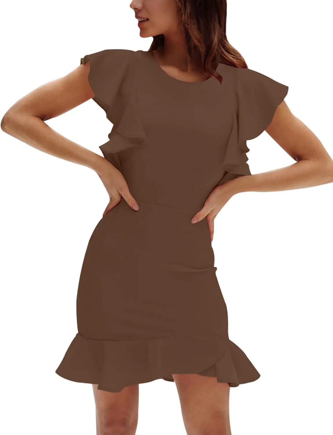 AIMCOO Women's Summer Flutter Sleeves Mini Dress Crewneck Ruffle Hem Casual Mini Dresses Elegant Solid Bodycon Dress