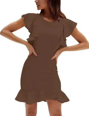 AIMCOO Women's Summer Flutter Sleeves Mini Dress Crewneck Ruffle Hem Casual Mini Dresses Elegant Solid Bodycon Dress