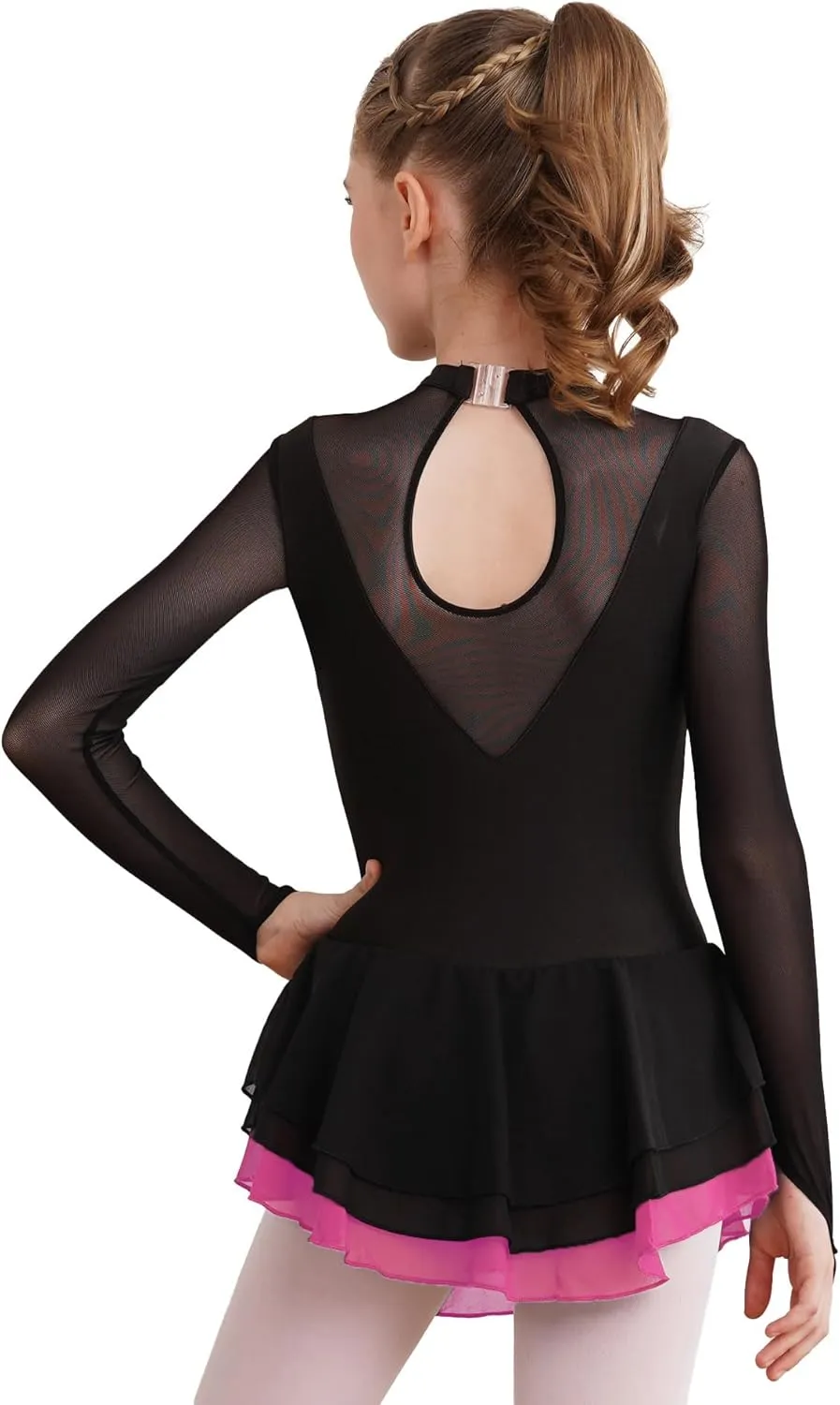 Aislor Girls Mesh Splice Figure Ice Skating Dress Long Sleeves Ballet Dance Gymnastics Leotards Tutu Dress Dancewear